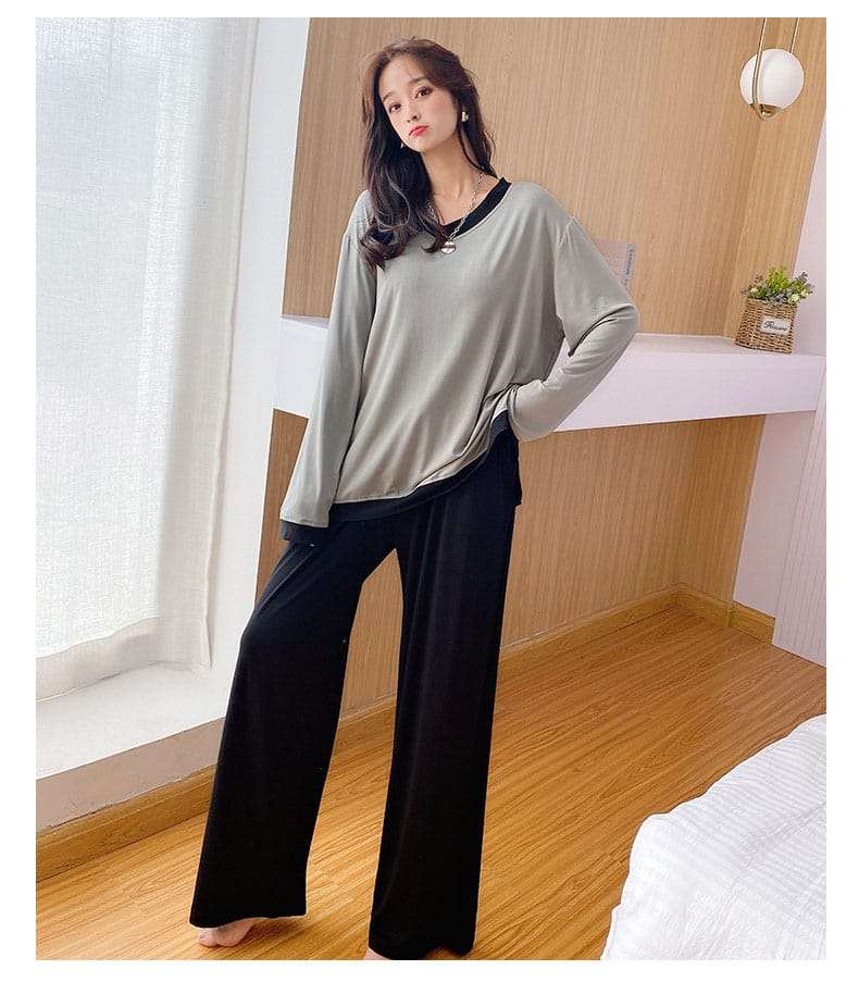 Grey with Black V Neck with Black Contrast Palazzo Pajama Full Sleeves Night Suit for Her (ZA-74)