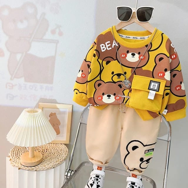 yellow Bear pocket Print Sweatshirt With Trouser For Kids (ZA-M-205)