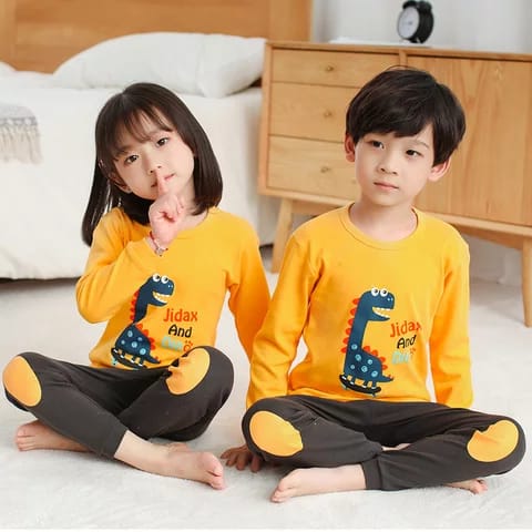 Baby or Baba Yellow and Grey Single DINO Print Night Suit for Kids (1 Pcs) (ZA-116)