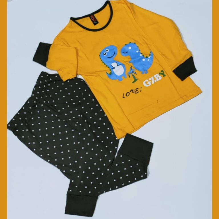 Baby or Baba Yellow Dinosaur with Dotted Pajama Print Full Sleeves Night Suit for Kids (1 Pcs) (ZA-125)