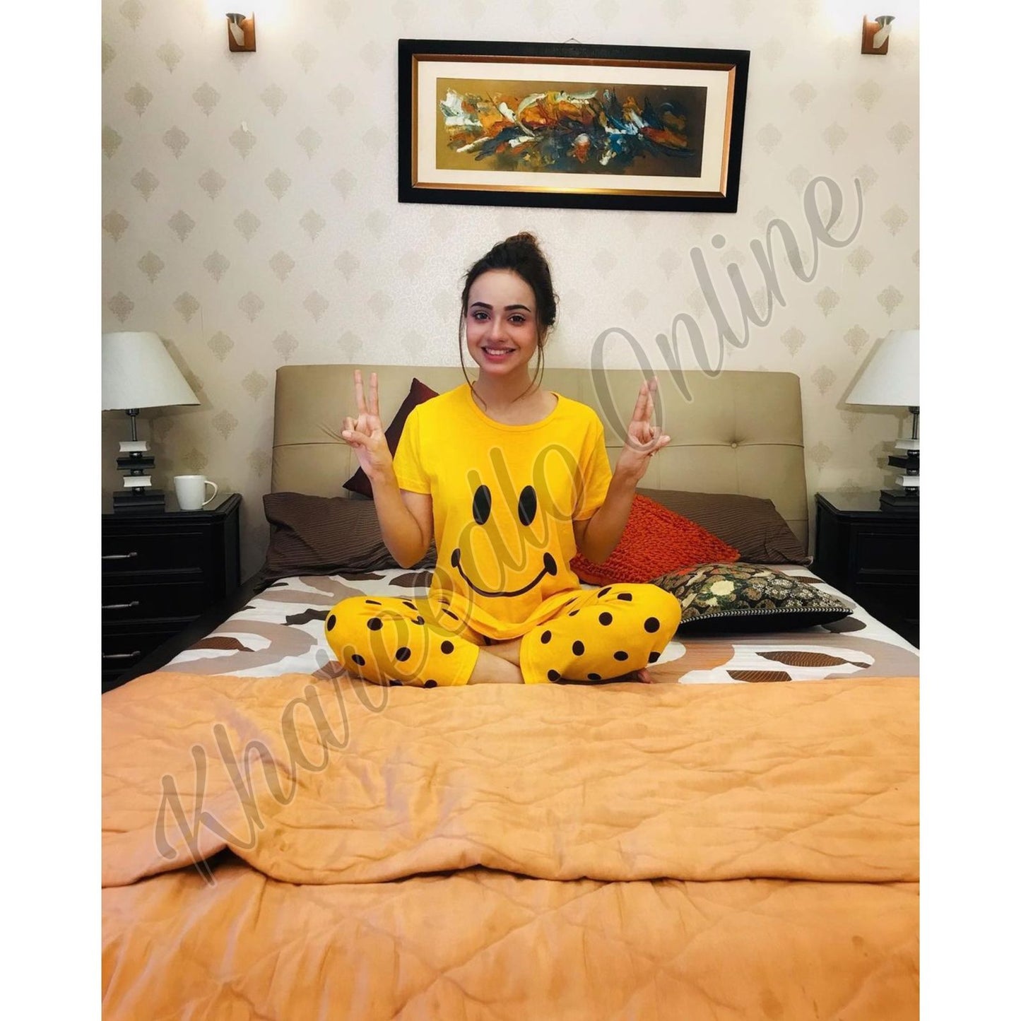 Yellow Smile With Polka Dots Trouser Half Sleeves Night Suit (KO-NS-0037)