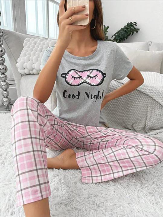 Grey good night with pink check pajama Printed Night wear (ZA-259)