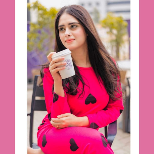 Shocking Pink With Black Big Heart print Full Sleeves Night Suit for her (ZA-31)