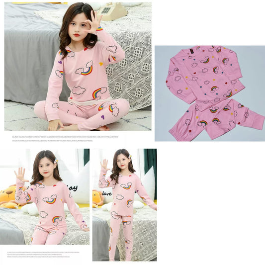 Baby or Baba Pink Rainbow Print Full Sleeves Night Suit for Kids (1 Pcs) (ZA-128)