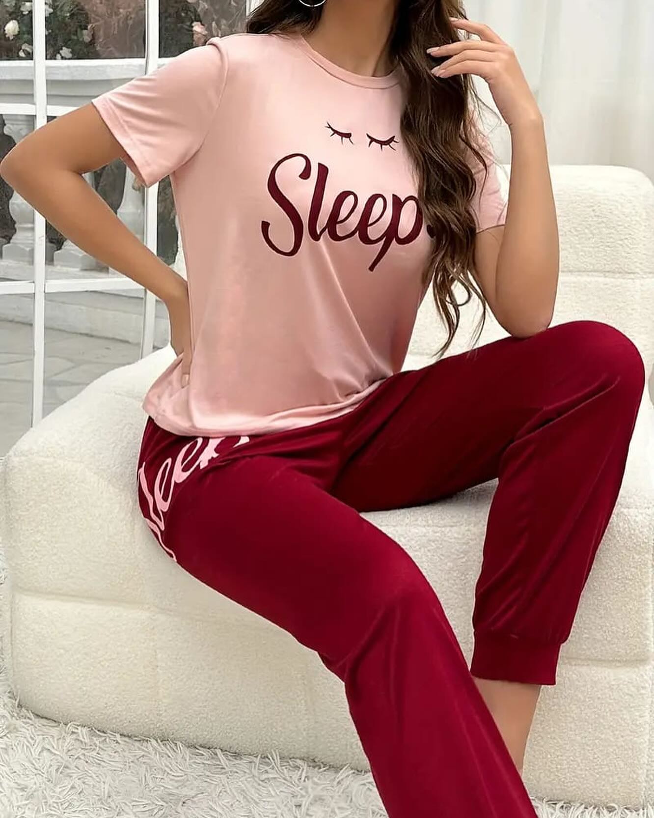 Tea Pink Sleep Shirt With Mahroon Sleep Print Trouser (KO-NS-501)