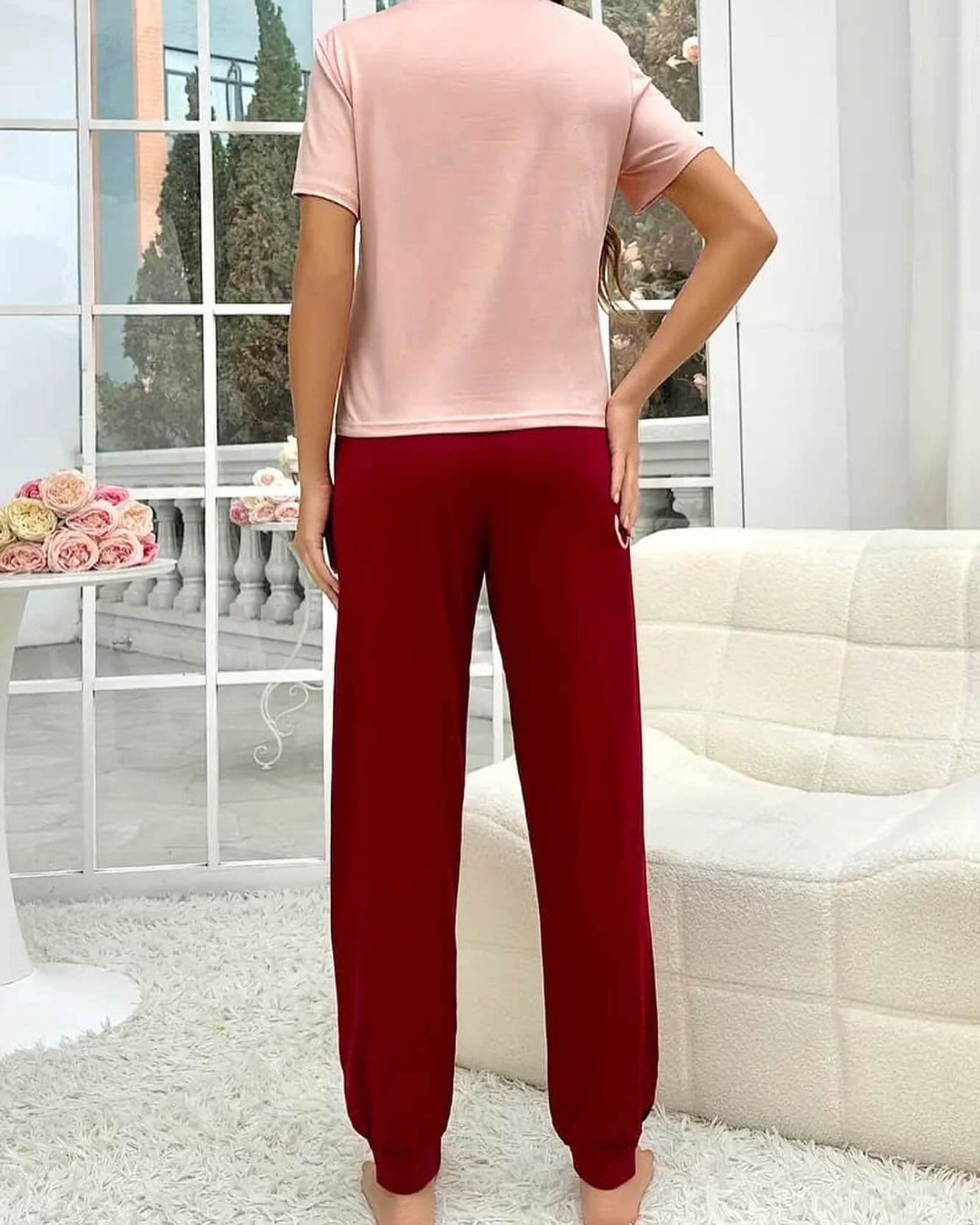 Tea Pink Sleep Shirt With Mahroon Sleep Print Trouser (KO-NS-501)