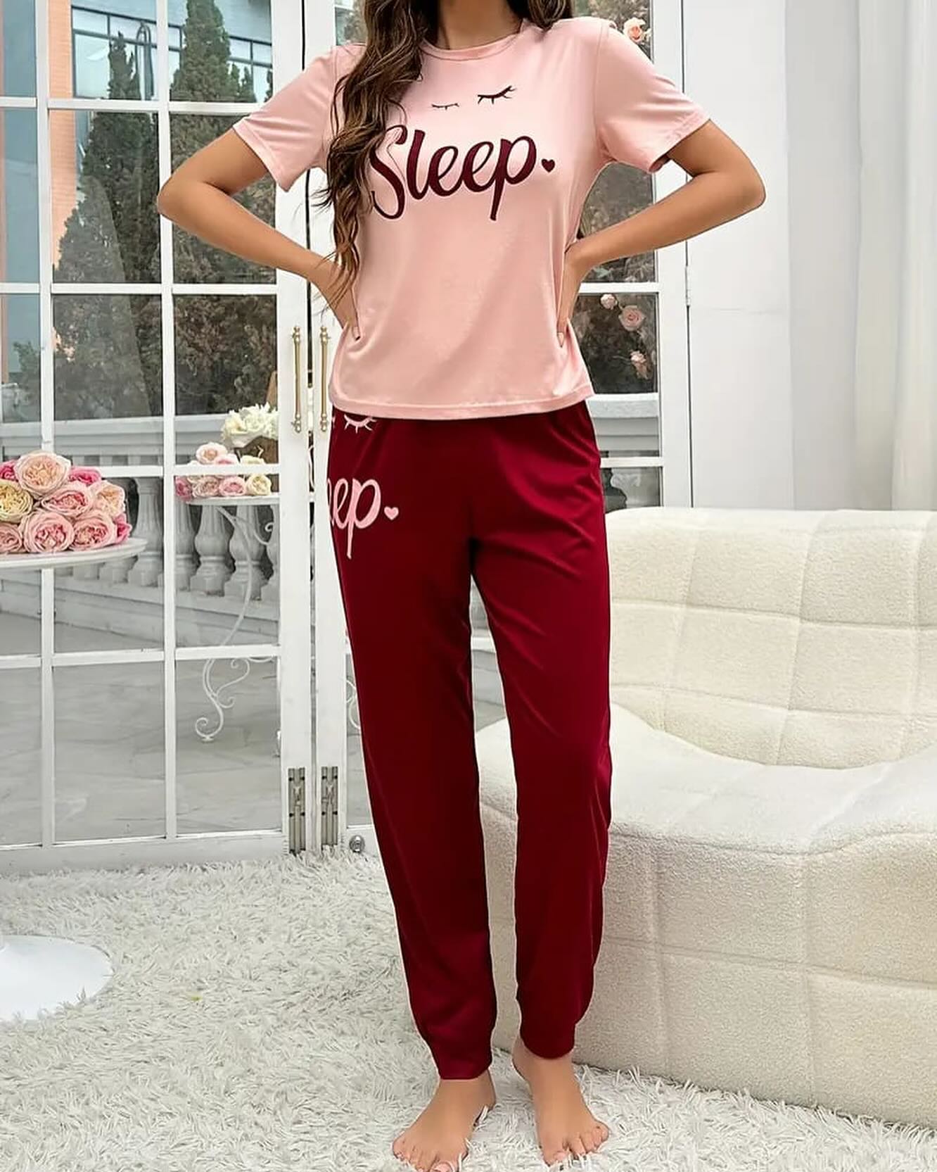 Tea Pink Sleep Shirt With Mahroon Sleep Print Trouser (KO-NS-501)