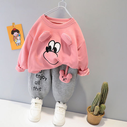 Pink Cute Eye Print Sweatshirt With Grey Trouser For Kids (ZA-526)