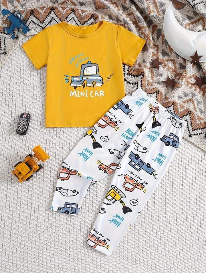 Yellow Mini Car with White Pajama Printed Kids Night Suit (ZA-247)