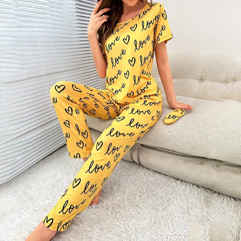 Yellow Love Printed T-shirt And Trouser Suit (ZA-149)