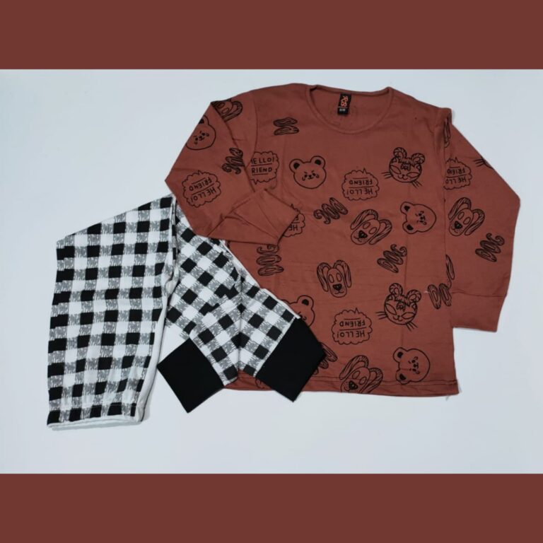 Baby or Baba Brown Dog with Check Pajama Print Full Sleeves Night Suit for Kids (1 Pcs) (ZA-126)