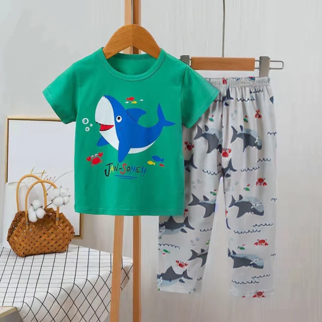 Baby Or Baba Green Shark Print Half Sleeves T-shirt With Printed Pajama Night Suit for Kids (1 Pcs) (ZA-172)