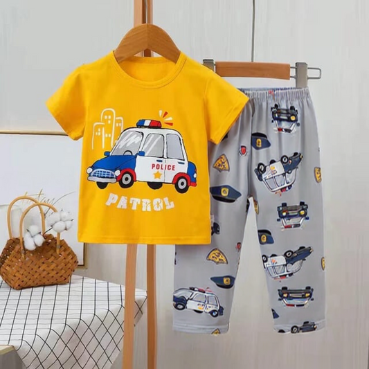 Baby or Baba Yellow Car Print Half Sleeves T-shirt With Printed Pajama Night Suit for Kids (1 Pcs) (ZA-171)