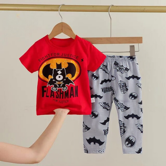 Baby Or Baba Red Bat Printed Print Half Sleeves T-shirt With Printed Pajama Night Suit for Kids (1 Pcs) (ZA-173)