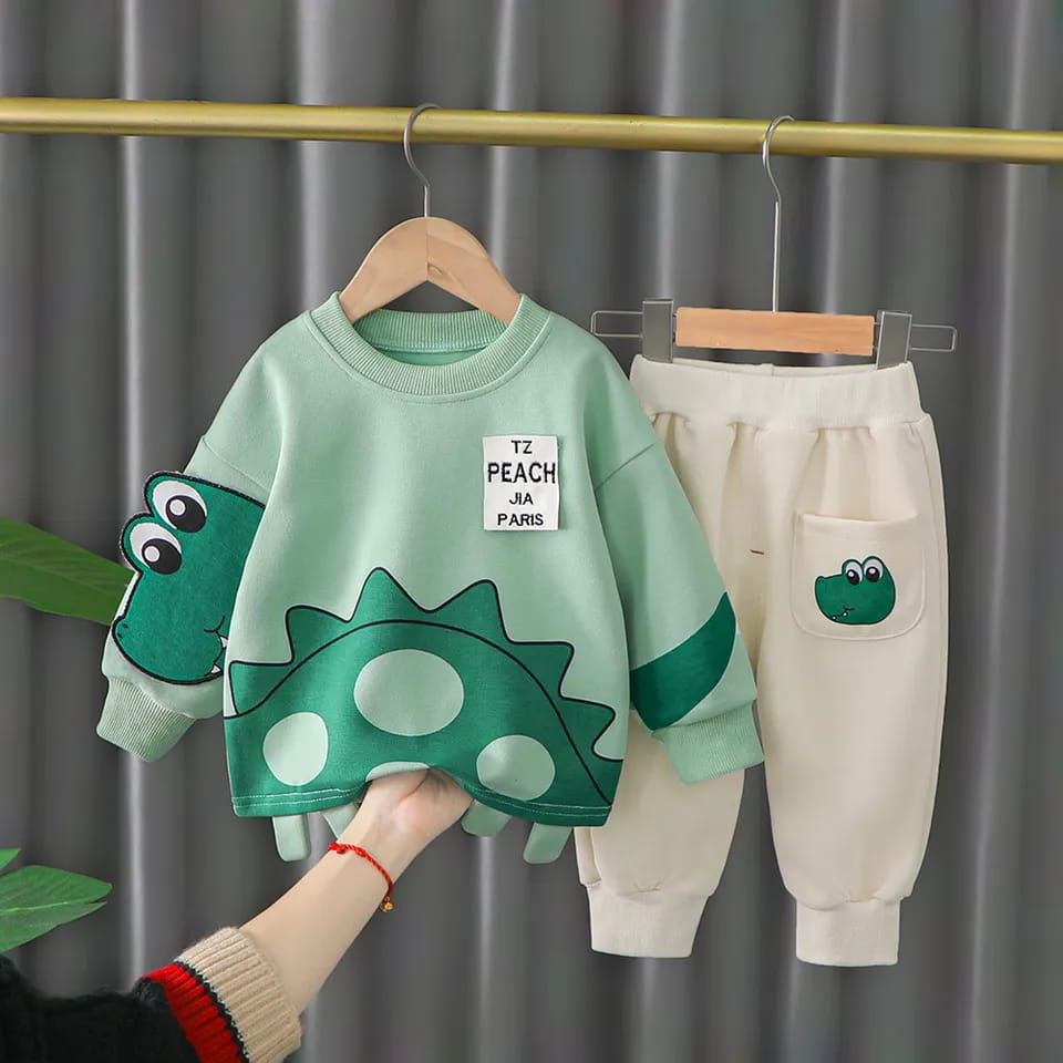 Green Crocodile Print Sweatshirt With Off White Trouser For Kids (ZA-527)