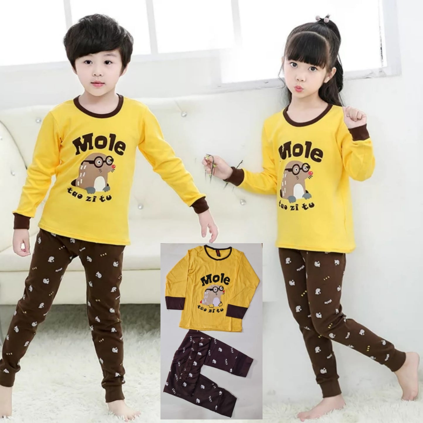 Baby or Baba Yellow and Brown MOLE Print Full Sleeves Night Suit for Kids (1 Pcs) (ZA-120)