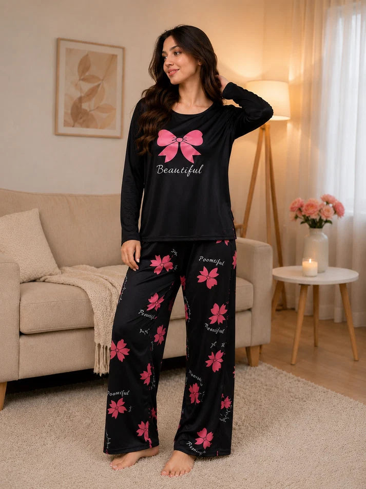 Black Pink Ribbon Bow & Bloom Full Sleeves PJ Set The Ultimate Dream Wear Sleep Suit