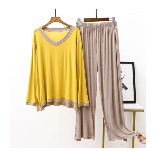 Plain Yellow with Skin V Neck with Skin Contrast Palazzo Pajama Full Sleeves Night Suit for Her (ZA-75)