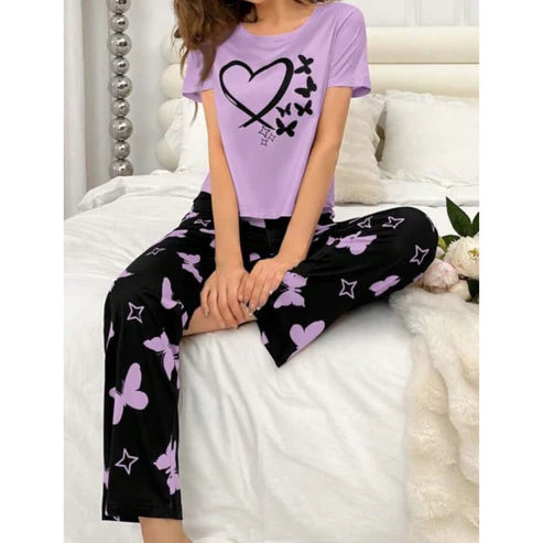 Lilac With Black Butterflies Heart Printed T-shirt And Butterflies Printed Trouser Suit (KO-NS-481)