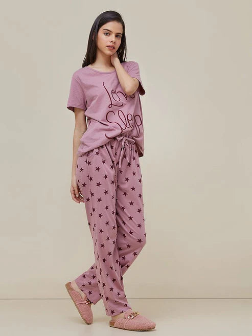 Love Sleep Shirt With Star Trouser Half Sleeves Printed Night Suit (KO-NS-487)