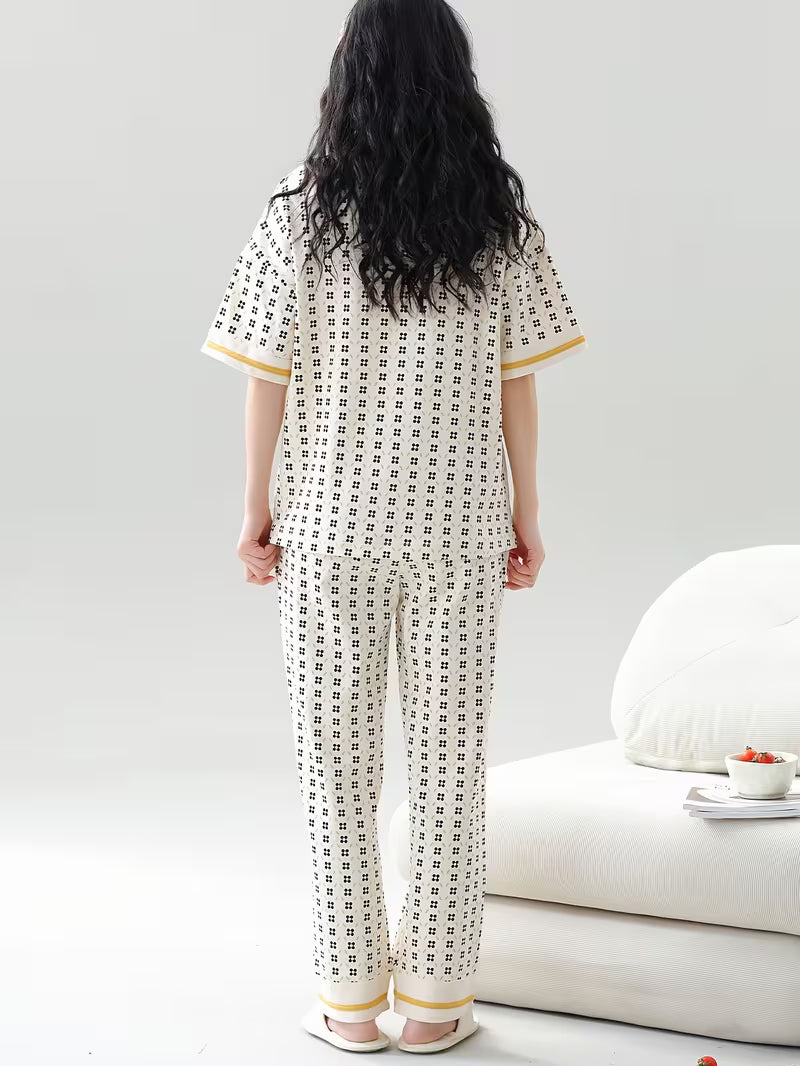 Short-Sleeved Shirt And Plaid Trousers with black dots