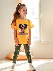 Yellow Its my Birthday Printed T shirt with Green Hearts Printed Pajama kids night suit