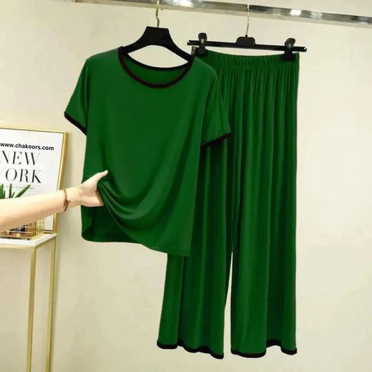 Green With Black Pipin Neck And Sleeves Half Sleeves Suit (ZA-159)