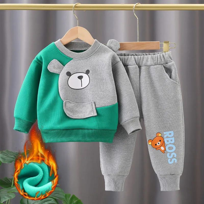 Green With Grey Bear Print Sweatshirt With Grey Trouser For Kids (ZA-524)