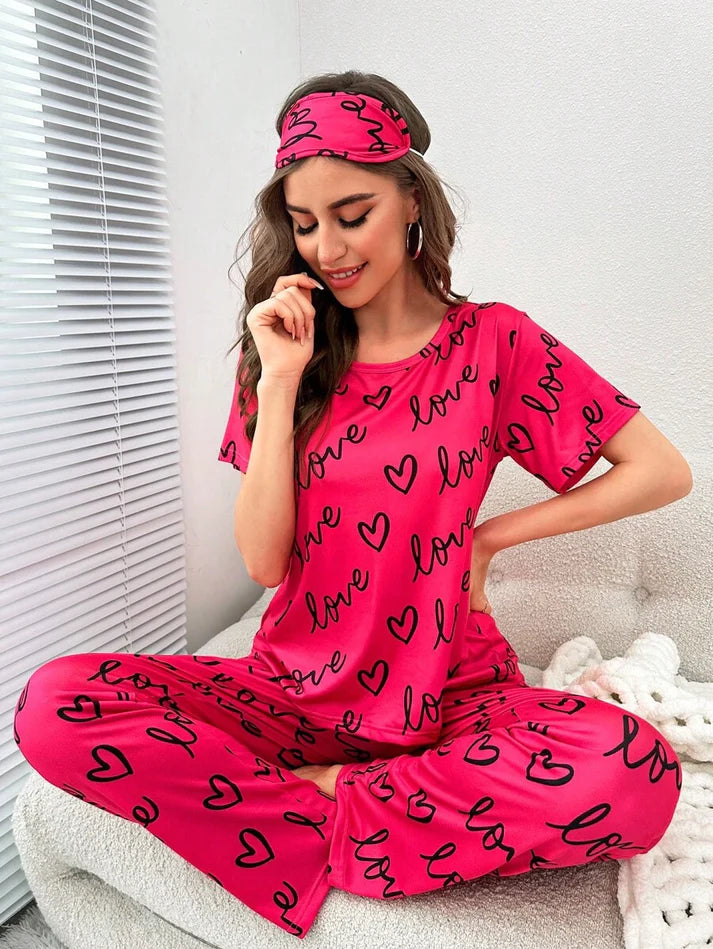 Dark Pink Love Heart Print Half Sleeves Shirt With Printed Trouser (KO-NS-454)