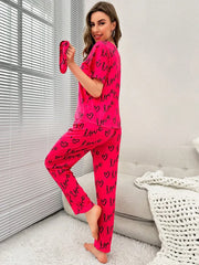 Dark Pink Love Heart Print Half Sleeves Shirt With Printed Trouser (KO-NS-454)