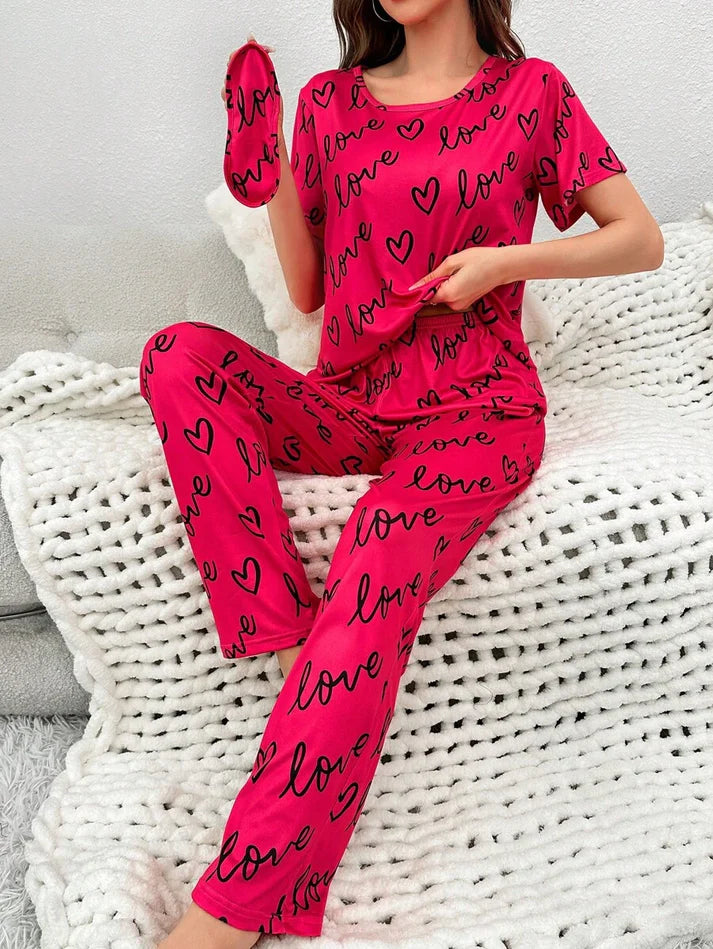 Dark Pink Love Heart Print Half Sleeves Shirt With Printed Trouser (KO-NS-454)