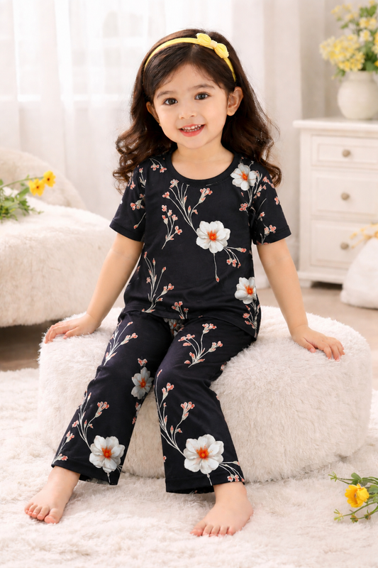 Black Floral Printed Kids Suit(DG-0008)