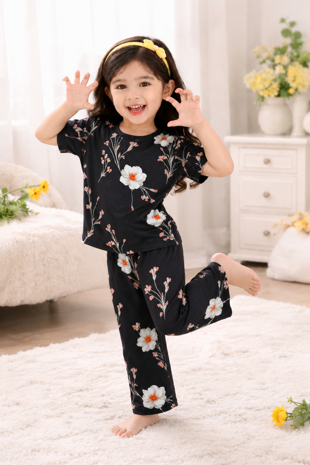 Black Floral Printed Kids Suit
