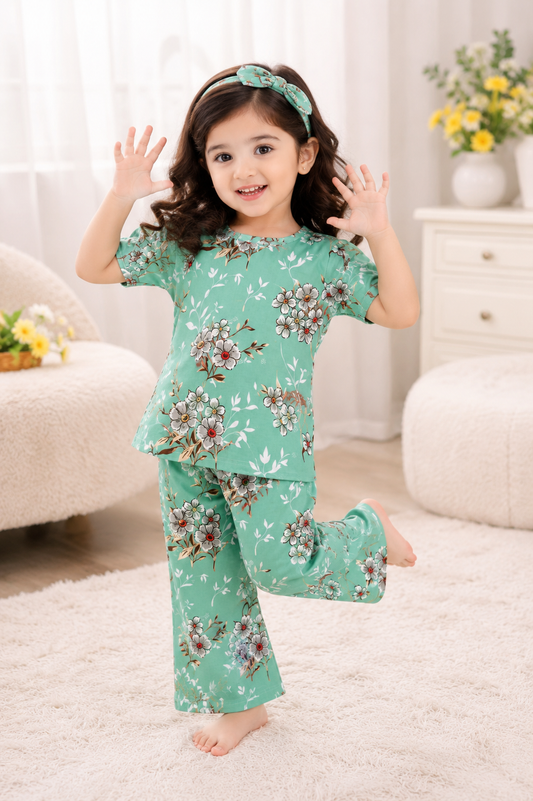 Green Floral Printed Kids Suit(DG-0007)
