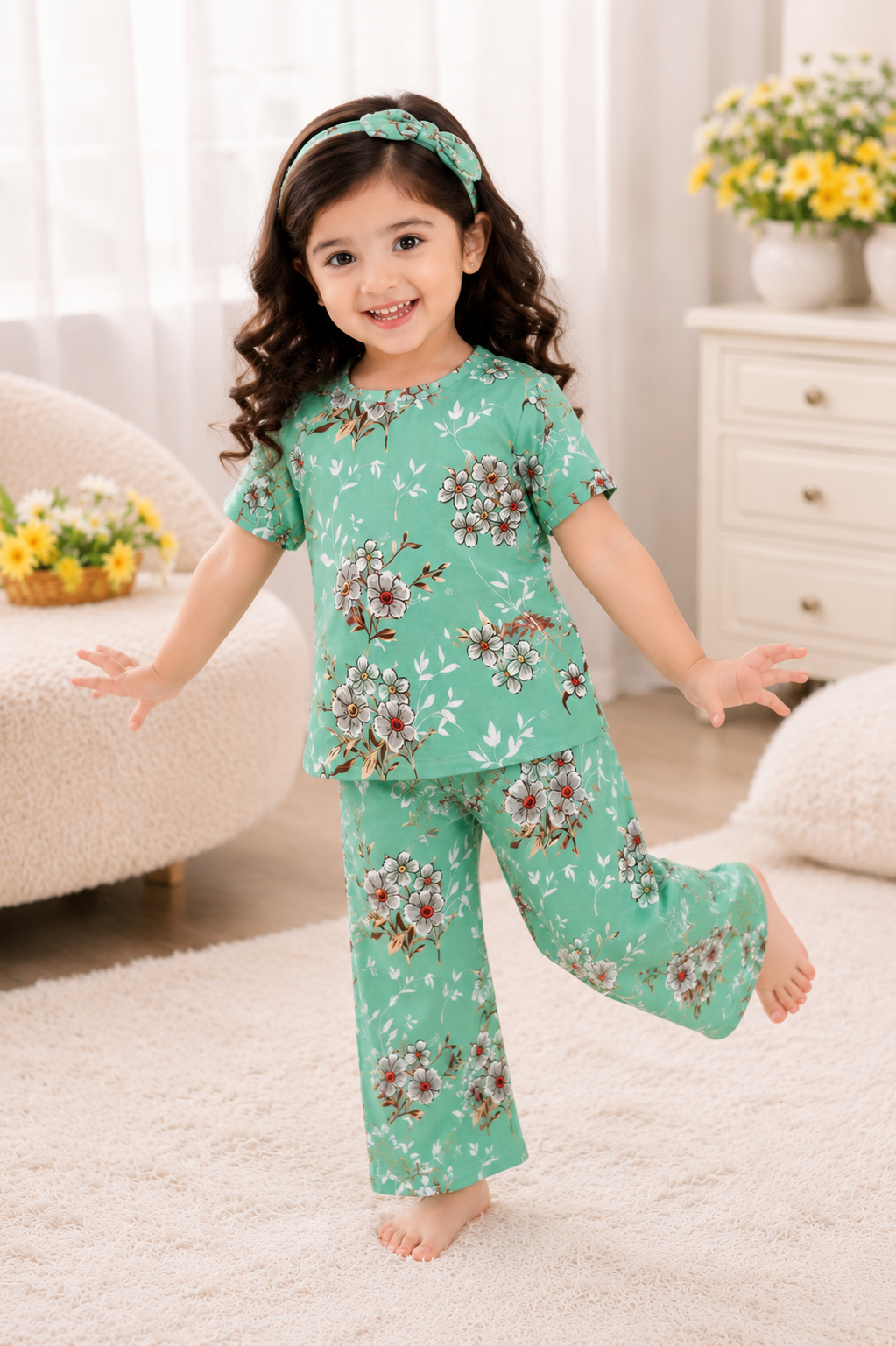 Green Floral Printed Kids Suit