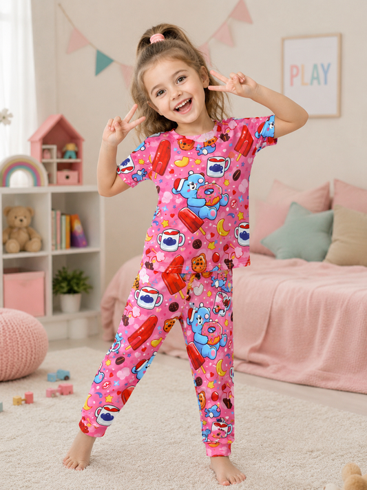 Pink Colorful Bear Printed Kids Suit(DG-0004)