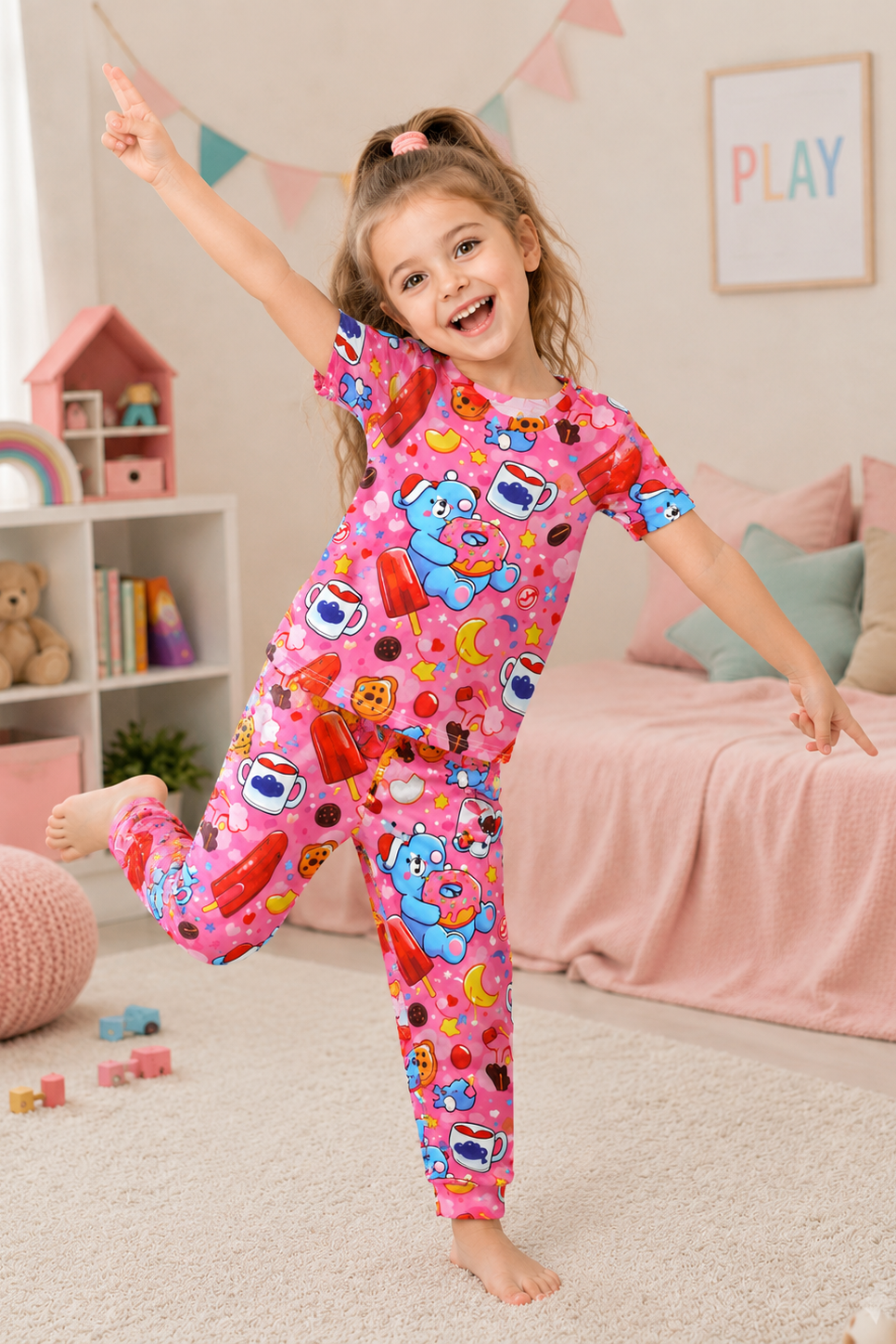 Pink Colorful Bear Printed Kids Suit