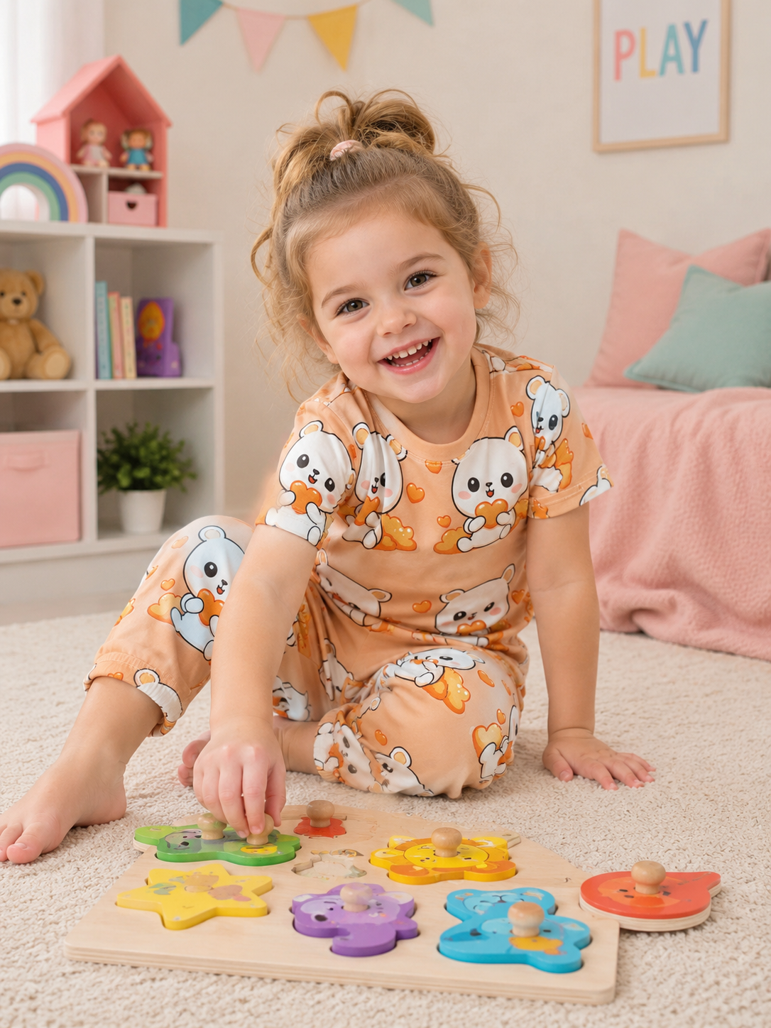 Peach Bear Printed Kids Suit