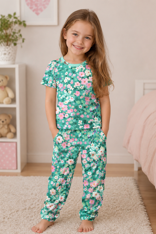 Green Floral Printed Kids Suit(DG-0002)