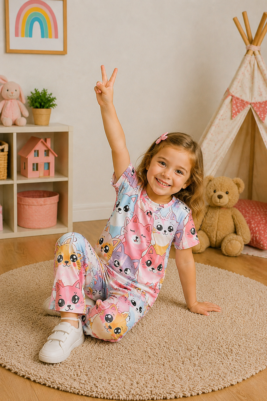 Multicolor Cute Cats Printed Kids