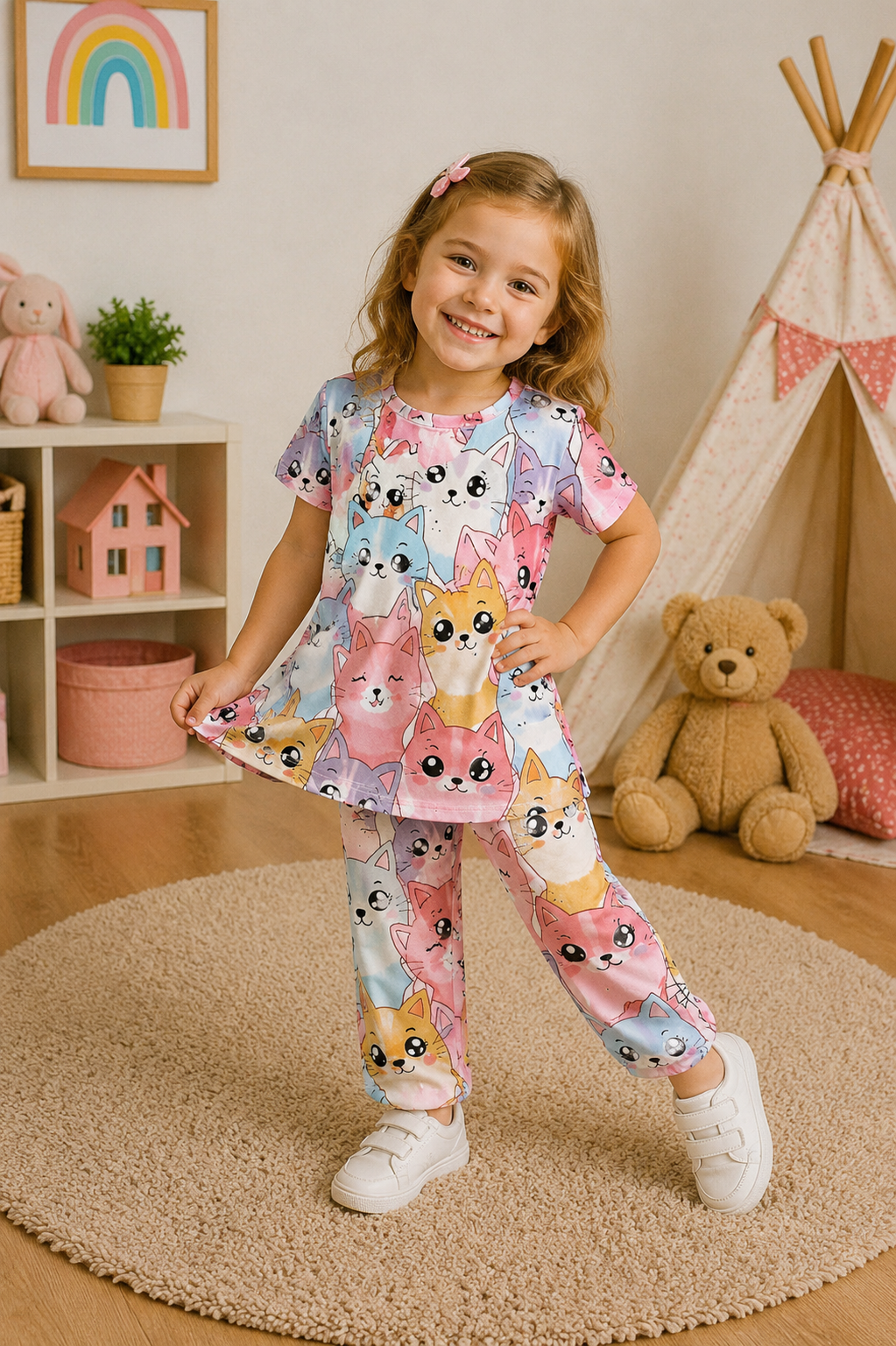 Multicolor Cute Cats Printed Kids