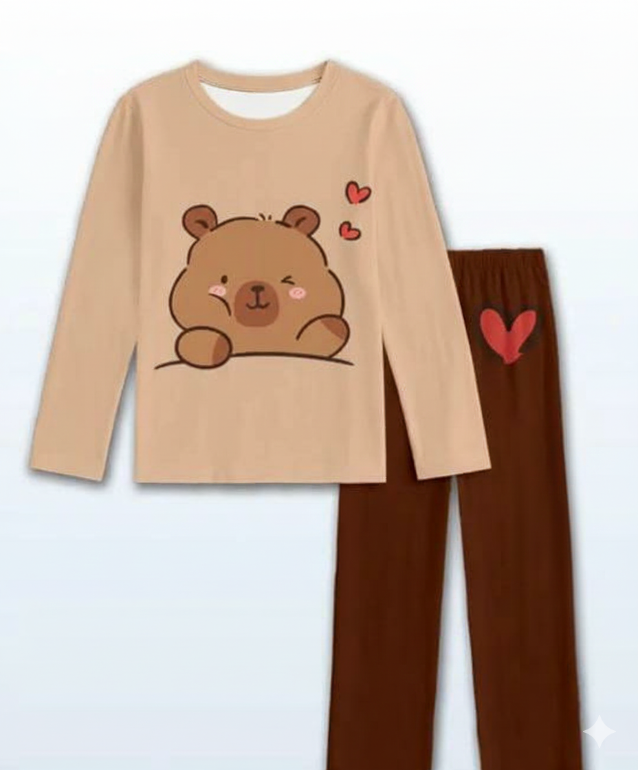 Brown Cute Bear Printed Kids Night Suit