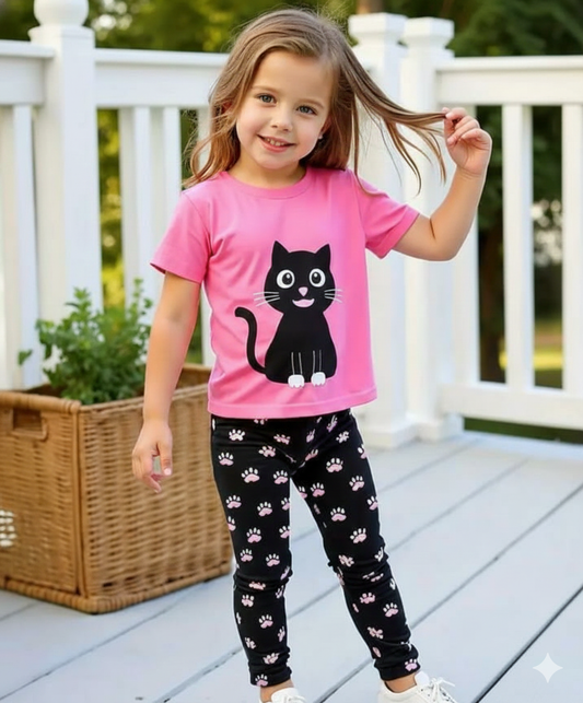 Pink with Black Cat Printed Half Sleeves Kids Suit