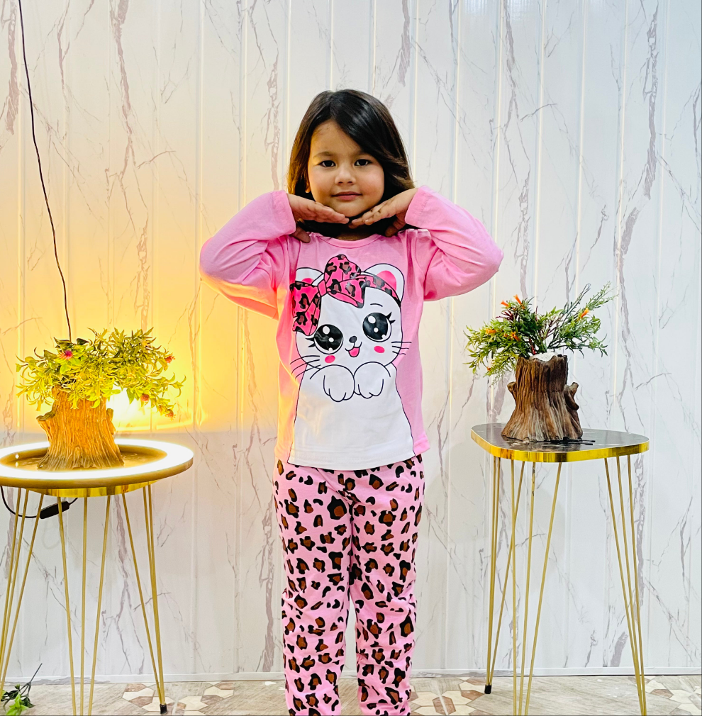 Pink Cute Kitty with cheetha pajama Printed Kids Night Suit (ZA-254)