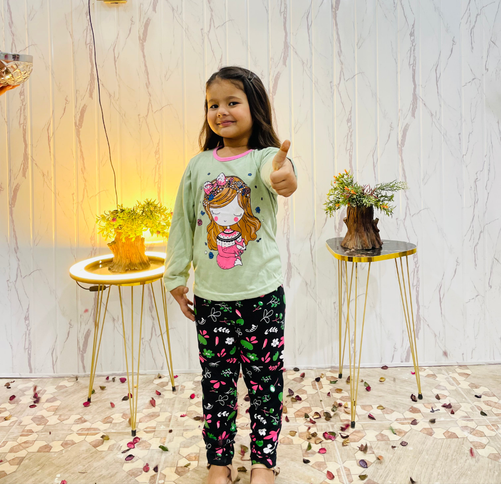 Green Sleepy Princess Printed Kids Night Suit (ZA-271)