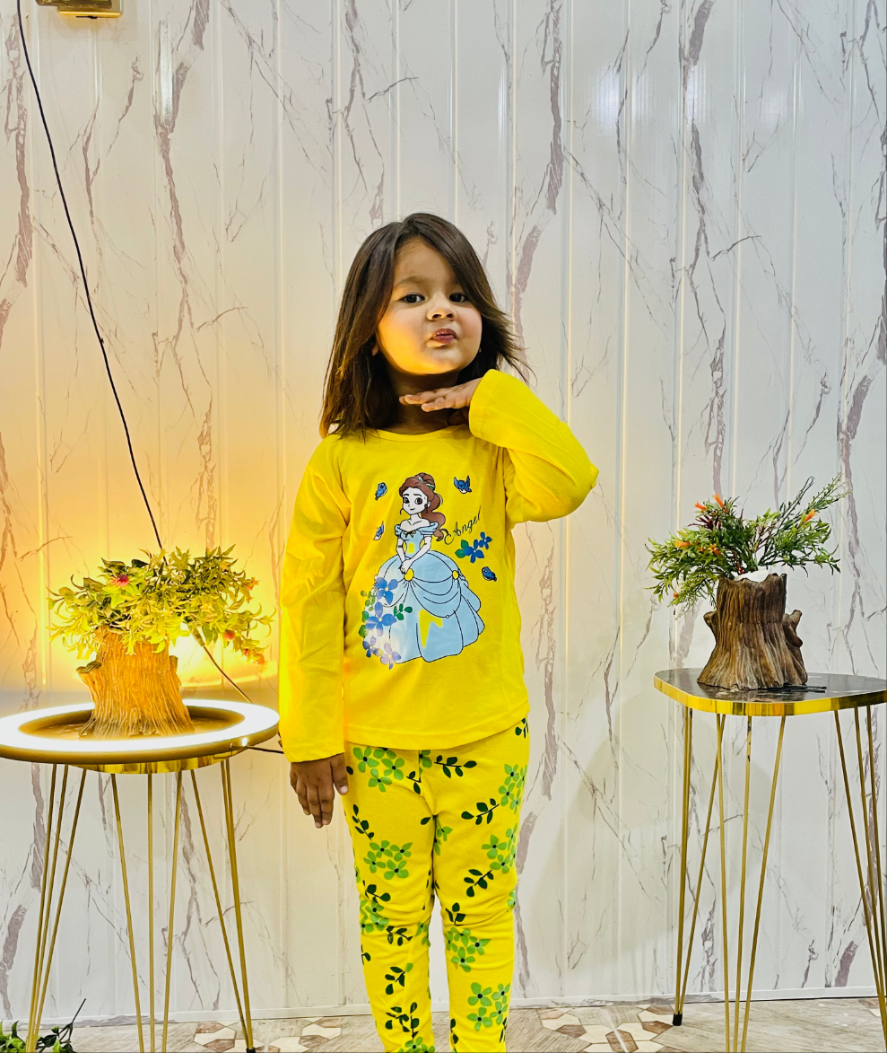 Yellow Princess Printed Kids Night Suit (ZA-269)