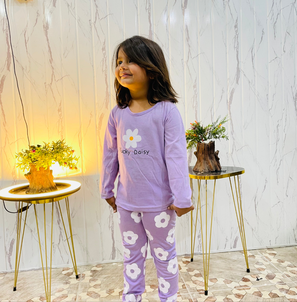 Purple Daisy flowers Printed Kids Night Suit (ZA-248)
