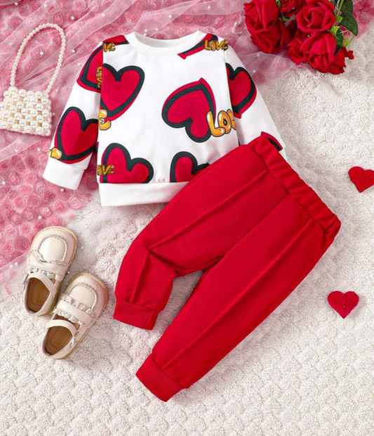 Red love heart Printed Sweatshirt with red trousers Kids track suit