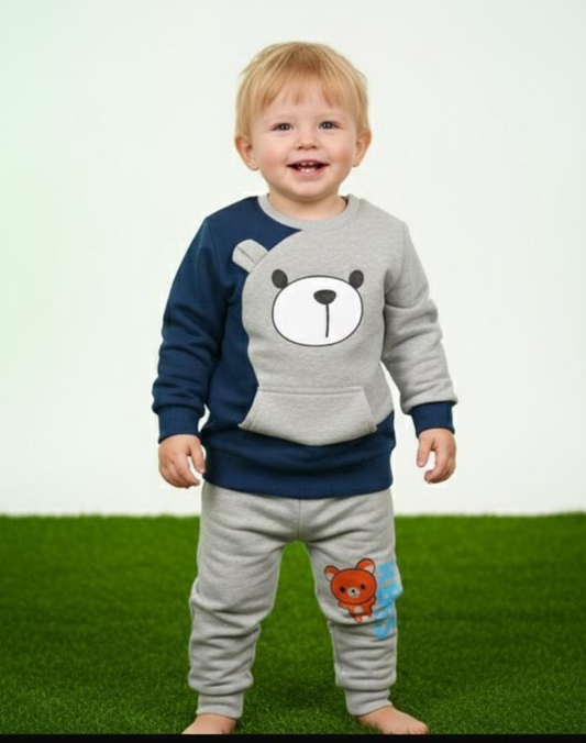 Blue with Grey Bear Print Sweatshirt With Grey Trouser For Kids
