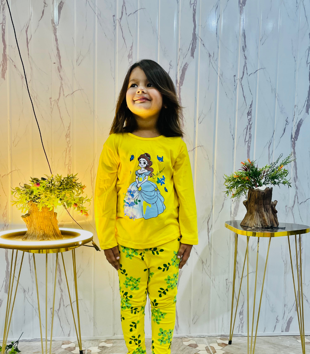 Yellow Princess Printed Kids Night Suit (ZA-269)